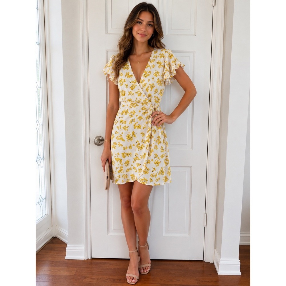 Harper Yellow Floral Wrap Dress Ruffle Sleeve Mini Dress‎ Ivory Size L
